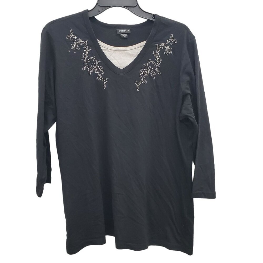 Trillogy by Morning Sun Women's Black White‎ Faux Layer Basic 3/4 Sleeve Tee XL